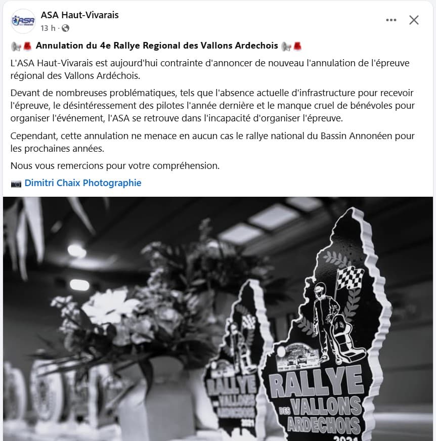 Lire la suite à propos de l’article Le Rallye des Vallons Ardéchois 2025 est annulé