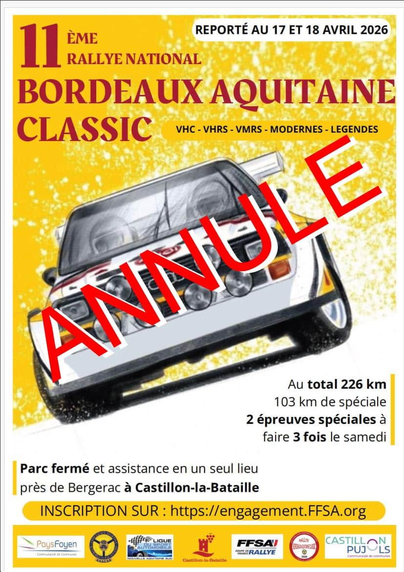 Lire la suite à propos de l’article Le Rallye Bordeaux Aquitaine Classic 2026 est annulé